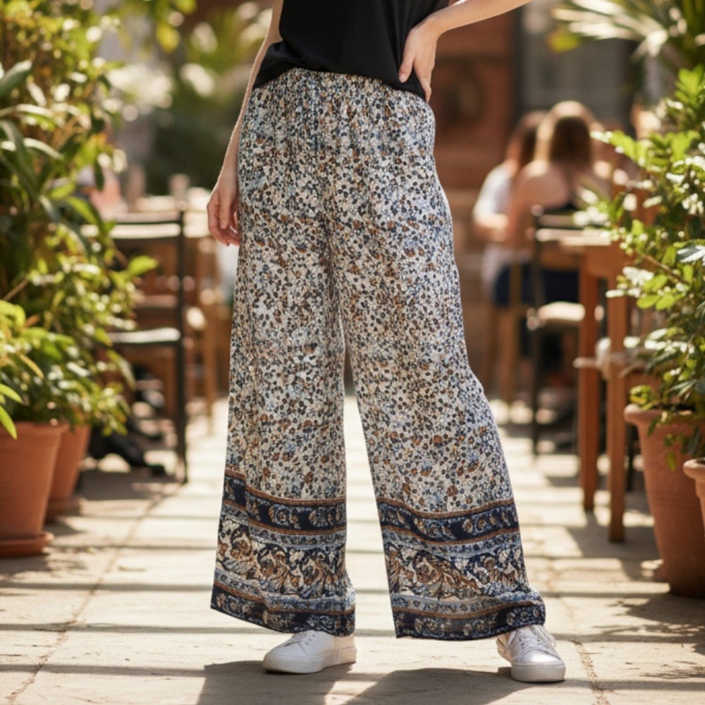 Indero Blue Floral Wide Leg Boho Pull On‎ Straight Leg Trousers Pant L/XL